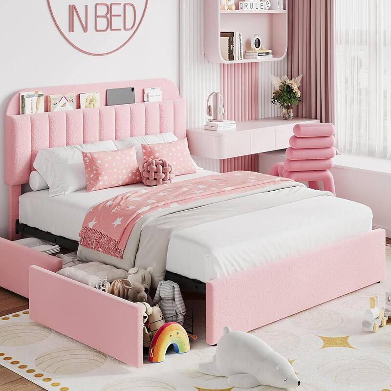 Bed Frame with 2 Drawers, Boucle Upholstered - Pink - Full