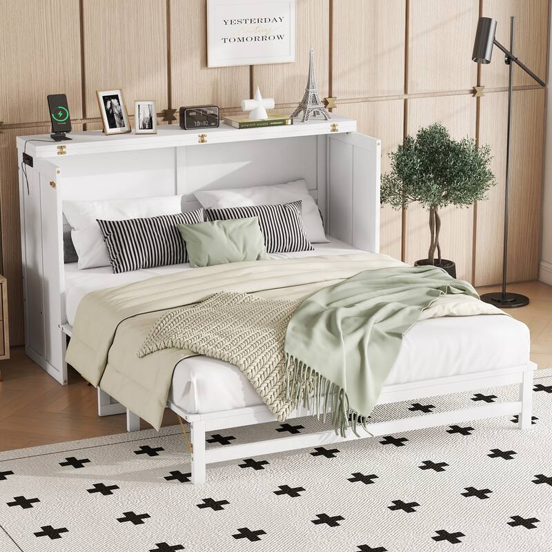 Murphy Bed Cabinet Queen with Storage Drawer and Charging Station, USB Port, Solid Pine Murphy Bedframe for Home Office