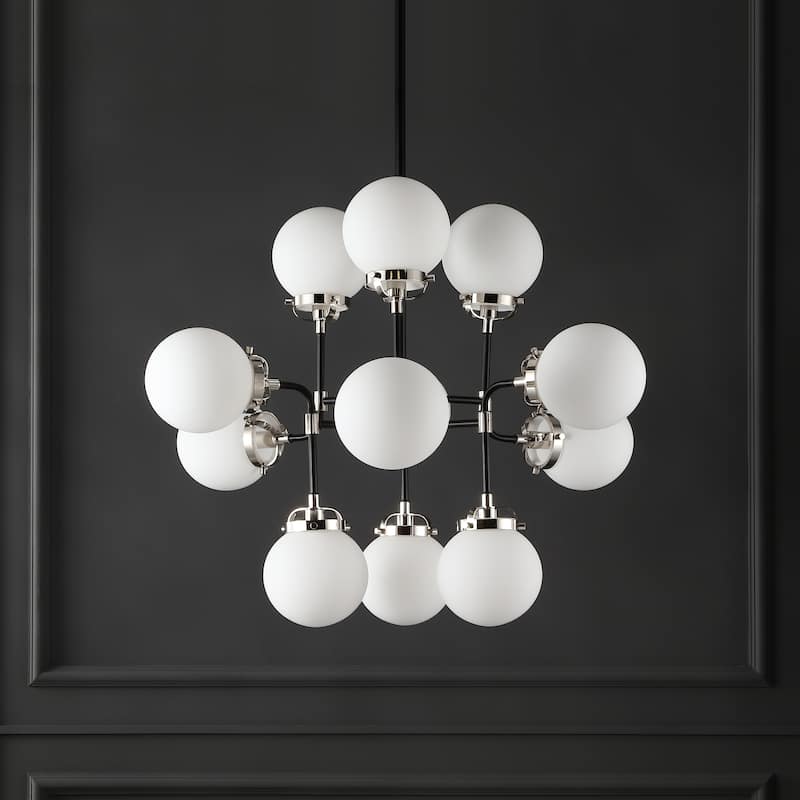 SAFAVIEH Couture Vergie White Glass 12-Light Pendant - 31 In W x 31 In D x 28.5 / 58.5 In H - Black - 31Wx31Dx59H