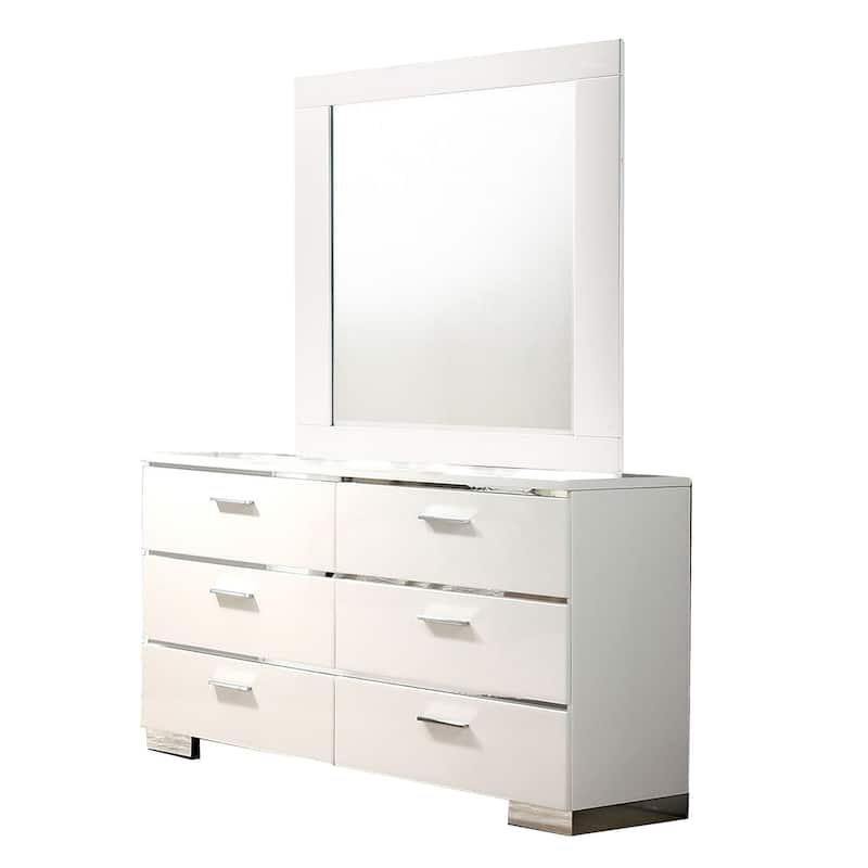 Cari Four Pc Queen Bedroom Set, LED Headboard with Shelf, White Wood, Chrome Stripes