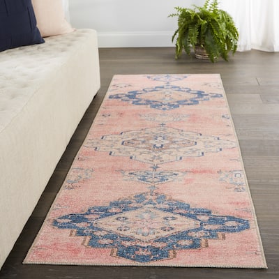 Adalee Machine Washable Medallion Pink/ Blue Area Rug