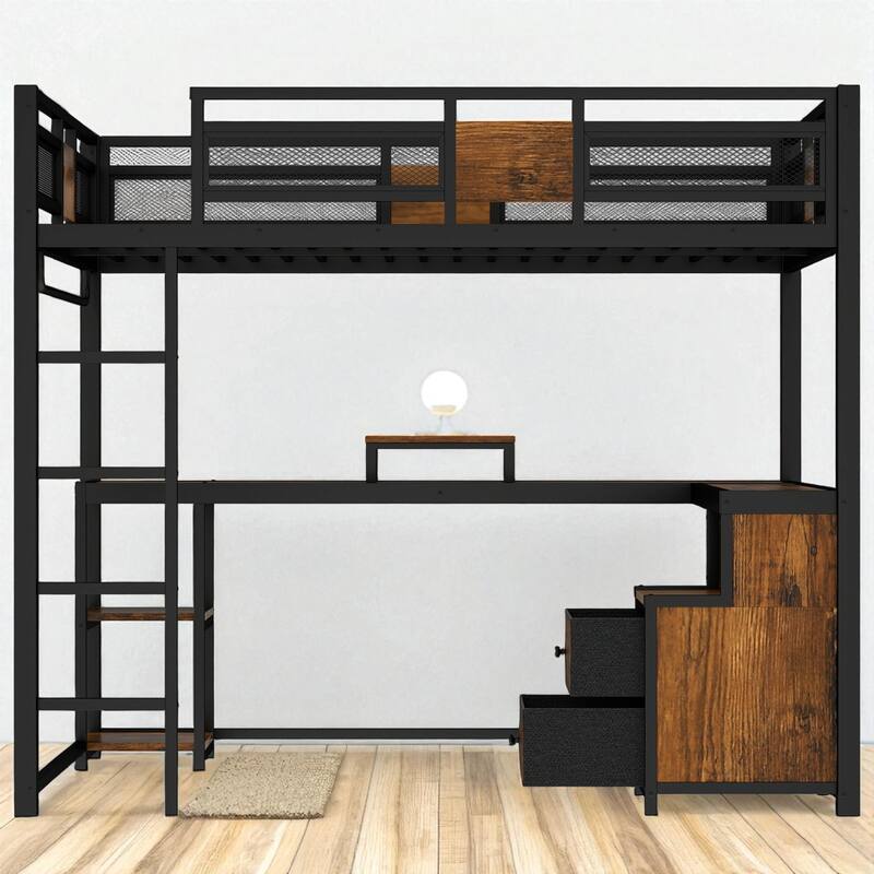 Queen Loft Bed with Desk and Storage Drawers, Metal Loft Bed Frame with Guardrails, Ladder, and Workstation
