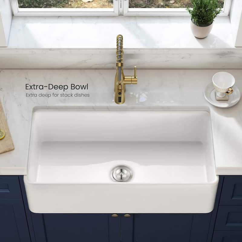 36" White Fireclay Farmhouse Undermount Kitchen Sink with Bottom Grid and Strainer