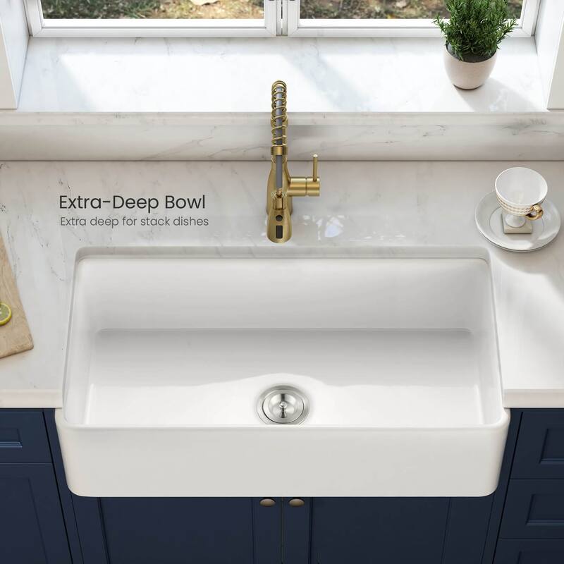 White Fireclay Farmhouse Undermount Kitchen Sink with Bottom Grid and Strainer
