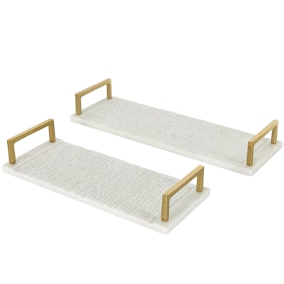 Marble Textured Living Room Decor Tray with Gold Handles - Set of 2 White - Roche River Decor