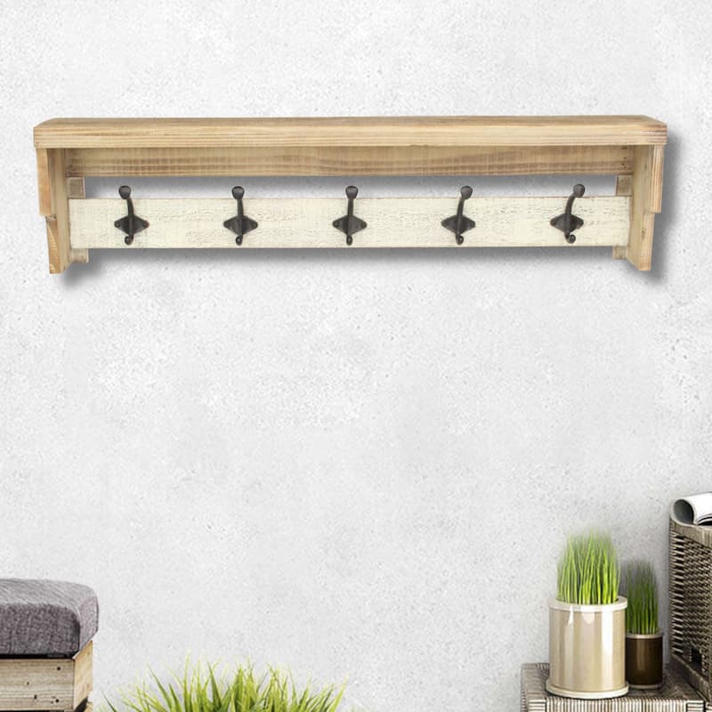 Multicolored Wood Farmstyle Coat Rack with Shelf - W: 31.5" x D: 8" x H: 5" - W: 31.5" x D: 8" x H: 5" - Brown