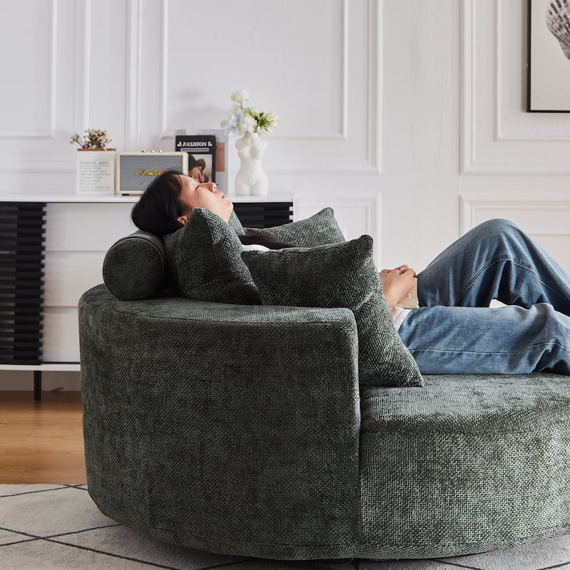 360° Swivel Sofa Chair Chenille Round Single Chaise Lounge with Cylindrical Neck Pillow and Integrated Backrest for Living Room
