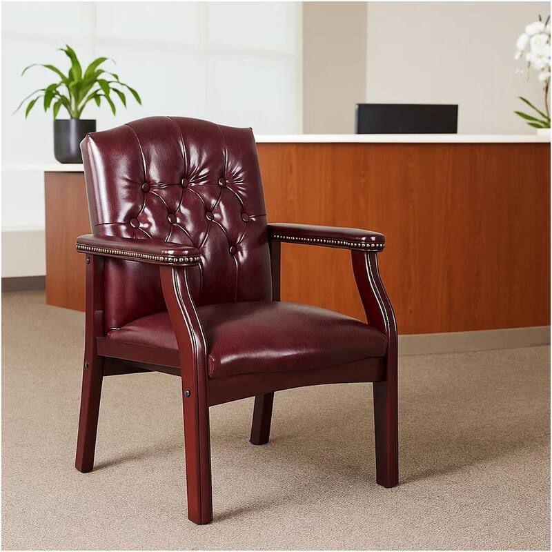 Koe Classic Reception Guest Armchair, Burgundy Tufted Vinyl, Wood Legs