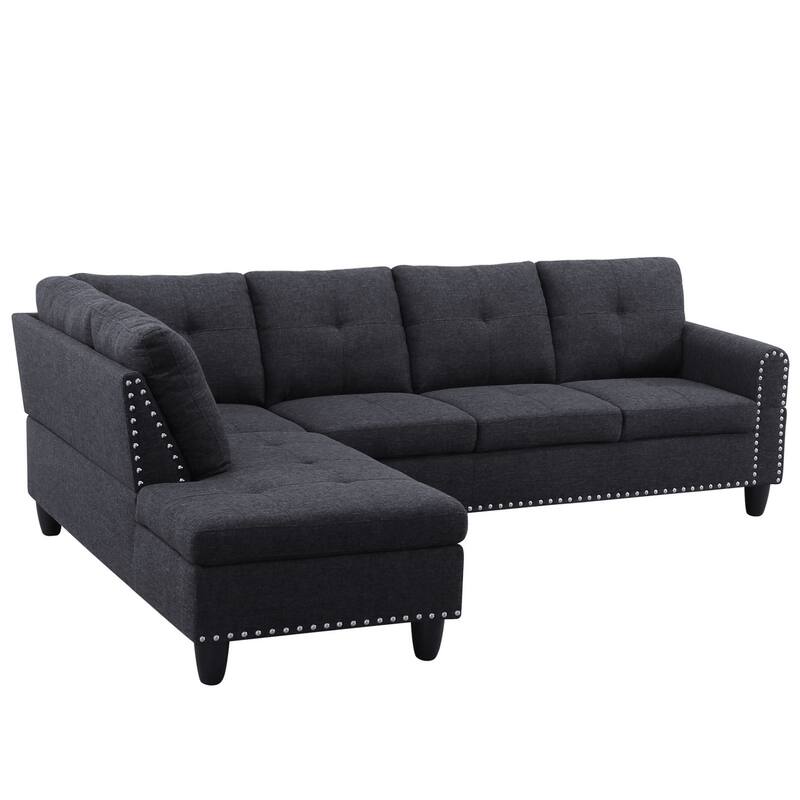 Modern Built-in Cup-holders Console Linen Sectional Sofa with 2 Pillows