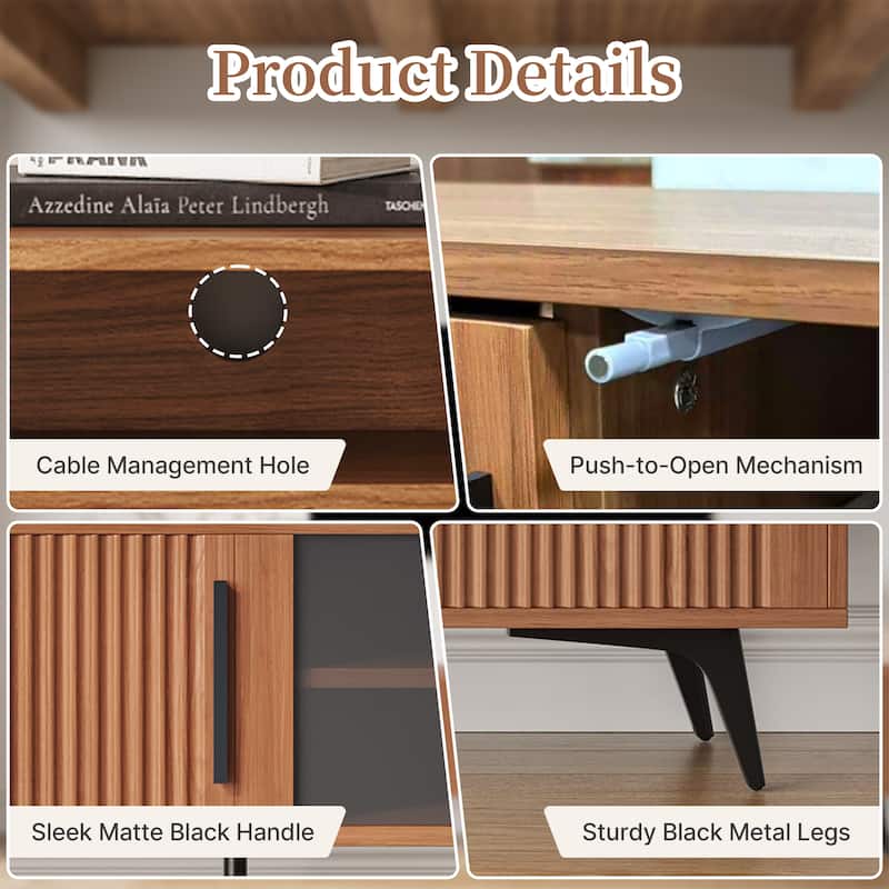 79" Mid-Century Modern Ribbed Wood TV Stand with Storage Cabinets and Glass Shelf – Entertainment Center Fits 85" TVs