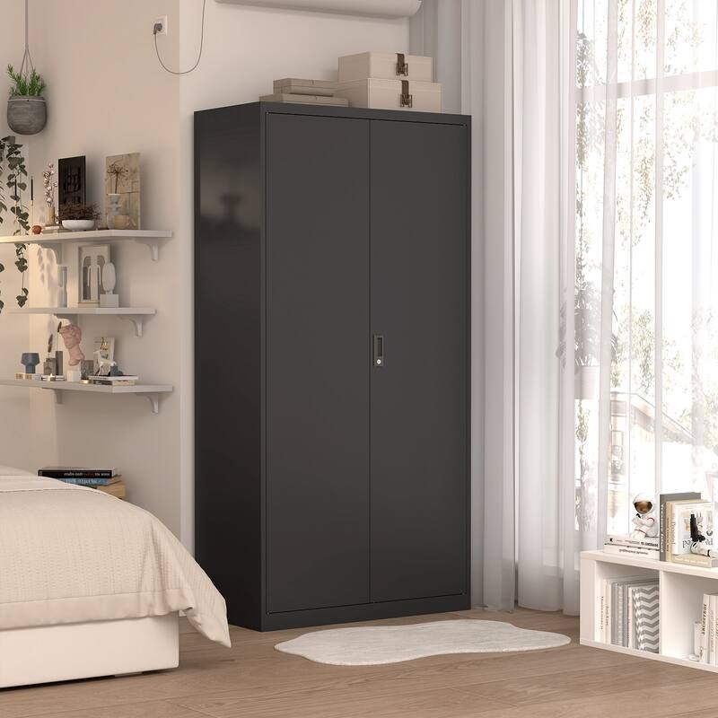Anmytek Black Lockable Storage Cabinet with Hanging Rod and Adjustable Shelves Secure Wardrobe for Bedroom and Living Room