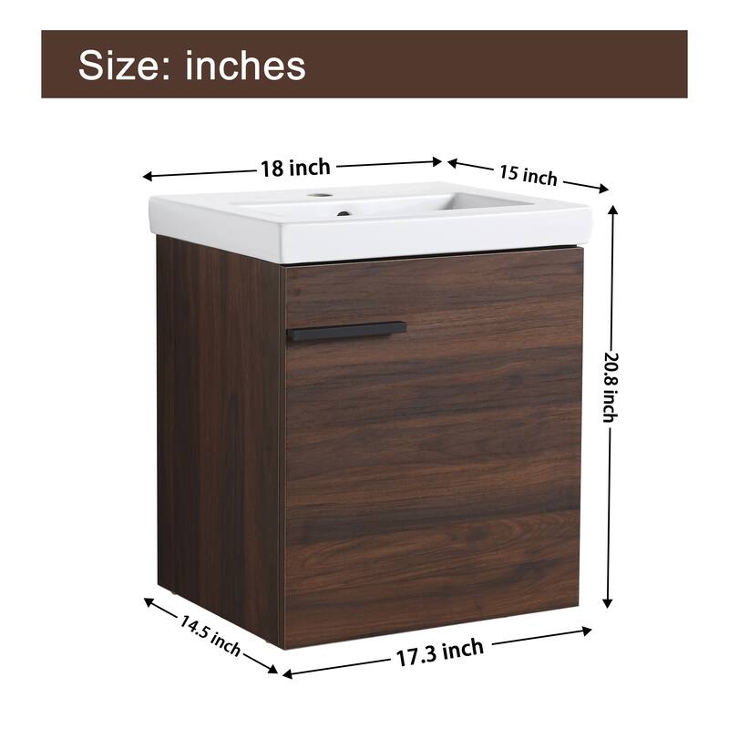 Malwee 18" Floating Bathroom Vanity, Mini Wall Mounted Bathroom Vanity with Ceramic Sink and Soft Close Door