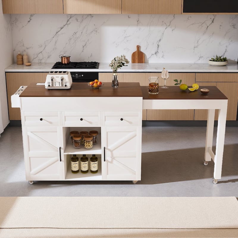 Kitchen Island with Extendable Dining Table, Kitchen Storage Cart on Wheels with 2 Drawers, Rolling Extendable Island Cart