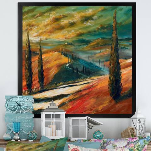 Designart "Tuscany Valley Sunset Landscape" Traditional Framed Wall Art