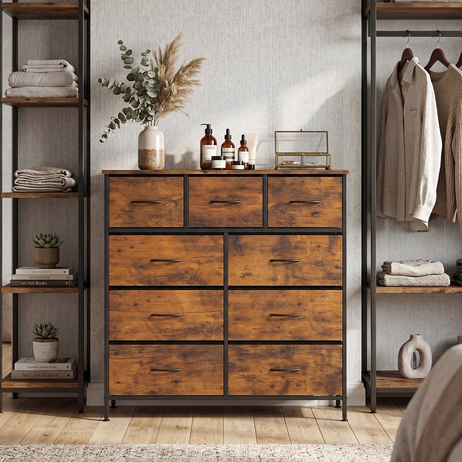 Gymax 9-Drawer Fabric Dresser for Bedroom Tall Storage Organizer Chest With Wooden Top