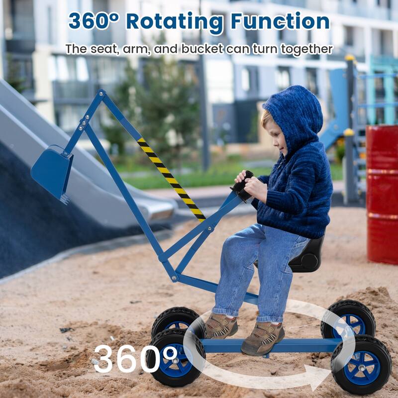 Kids Ride-On Sand Digger Toy with Rotating Seat and Bucket, Metal Frame Excavator for Ages 3+ - 48" x 16" x 26"