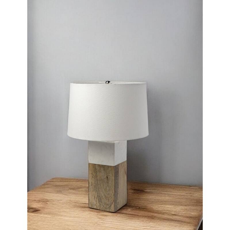 Brown Solid Wood Table or Desk Lamp Base with White Fabric Drum Shade 3 Way Switch - 13” x 13” x 22.25” (D x W x H)