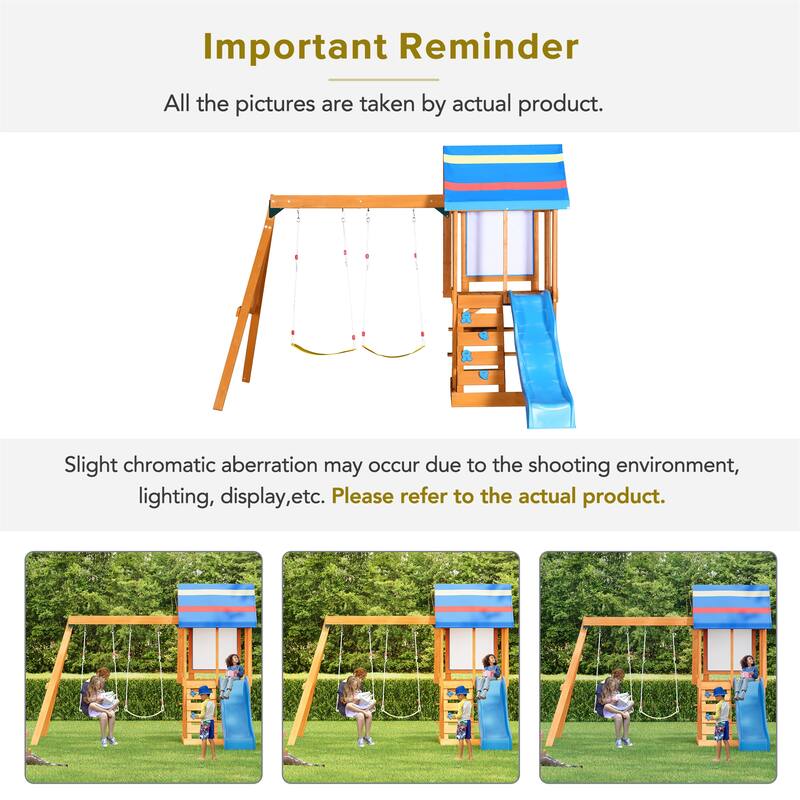 Outdoor 3 in 1 Wood Swing Set with Slide, 2 Swings and Climber