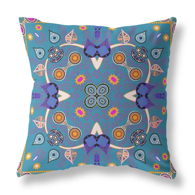 HomeRoots 20" x 20" Blue and Gold Blown Seam Paisley Indoor Outdoor Throw Pillow - 20.00' X '5.00' X '20.00