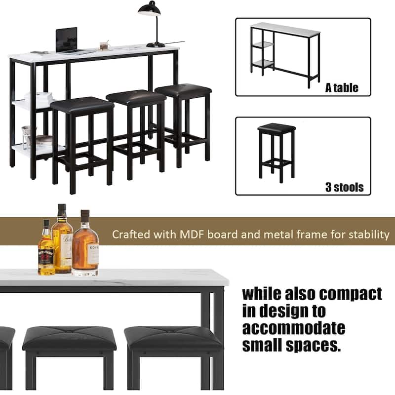 3-People Counter Heihgt Dining Set w/Storage, 4 Piece Kitchen Bar Table Set w/3 Upholstered Stools