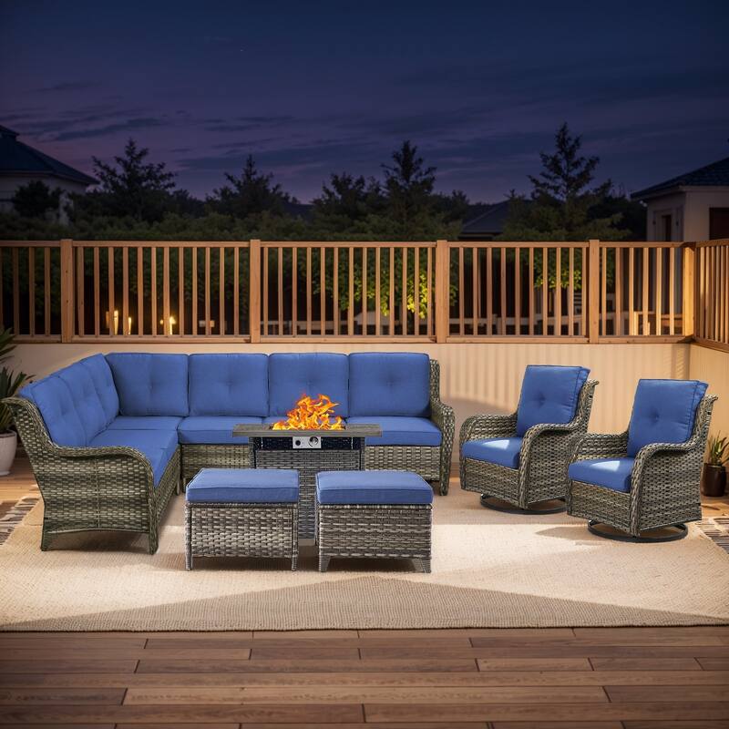 Outdoor 2 Sectional Sofa with Fire Pit Table Set - Sectional Sofa Chairs with Square Fire Table - Grey Rattan - Blue Cushion