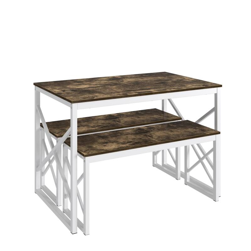 44.3" Dining Table with Benches Kitchen Table set for 4 Rectangular Dining Room Table Set with 2 Metal Wood Benches