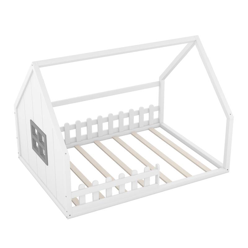 White Full Pine House Floor Bed with Window, Fence & Roof