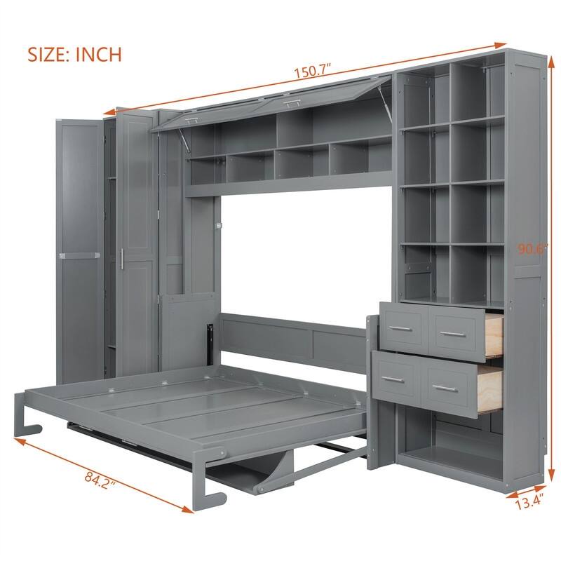 Full/Queen Size Murphy Bed Wall Bed with Closet, 2 Drawers and Storage Shelves, Folding Murphy Cabinet Bed with Top Cabinet