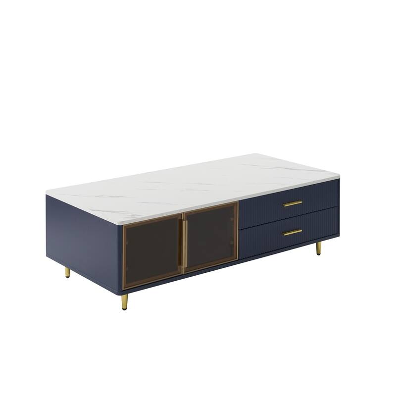 Coffee Table with 2 Glass Door, 4 Drawers and Gold Metal Legs