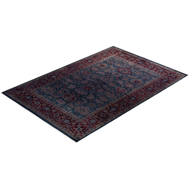 Overton Hand Knotted Wool Vintage Inspired Modern Contemporary Overdyed Blue Area Rug - 6' 2" x 8' 10"