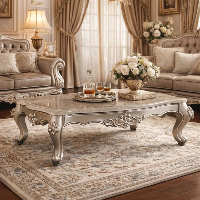 Traditional Style Rectangular Wood and Marble Coffee Table, Silver