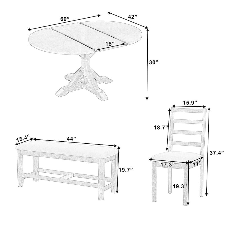 6 PCS Farmhouse Dining Table Set for 6 with Extendable Oval Table