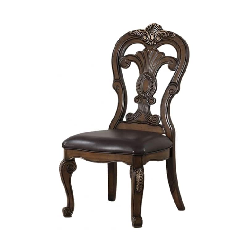Leova Side Dining Chair Set of 2, Carved Corbels, Gold Tip Crown, Brown Wood