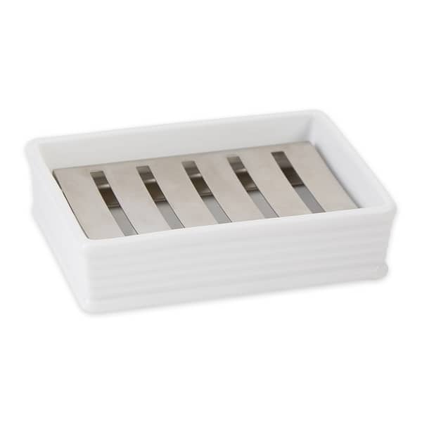 slide 2 of 6, Stoneware Soap Dish and Stainless Steel Tray - White