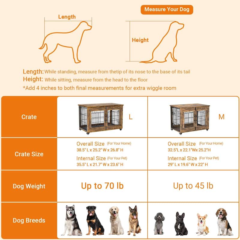 Dog Crate Indoor Heavy Duty Double Doors Wooden Dog Cage with Cushion