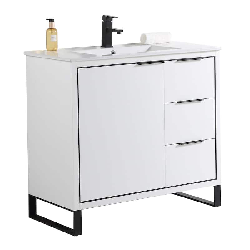 Fine Fixtures Opulence Collection Bathroom Vanity with White Ceramic Sink - 36 Inch - White Matte - Black Hardware