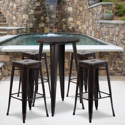 24'' Round Metal Indoor-Outdoor Bar Table Set with 4 Square Seat Backless Stools - 24"W x 24"D x 41"H