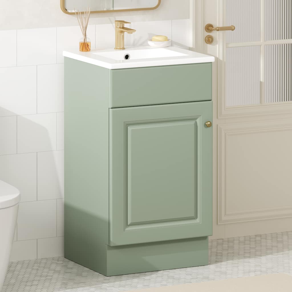 18" Small Bathroom Vanity with Ceramic Sink, Light Green Vanity Cabinet with Adjustable Shelf - 18 Inch