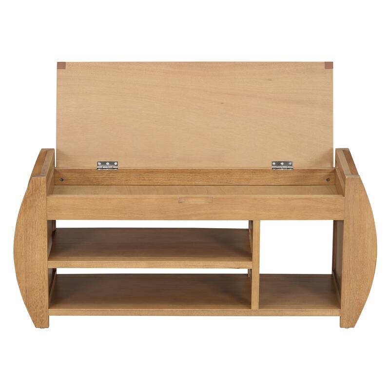 Shoe Bench 2-Tier Storage Bench with Cushion & Curved Side Holder, Wooden Panel Shoe Rack Organizer for Entryway, Living Room