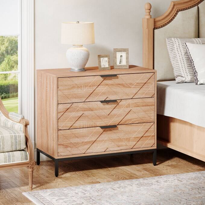 Modern Nightstand with 3 Drawers, Wooden Bed Side Table for Bedroom