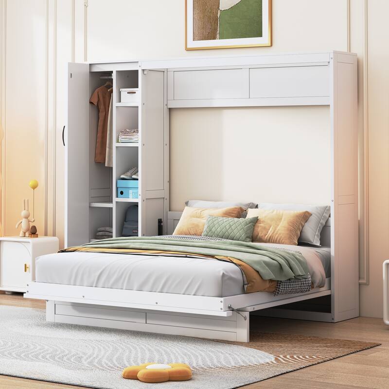 Full/Queen Size Murphy Bed Wall Bed with Small Wardrobe and LED Lights, Foldable Murphy Cabinet Bed with Storage Shelves