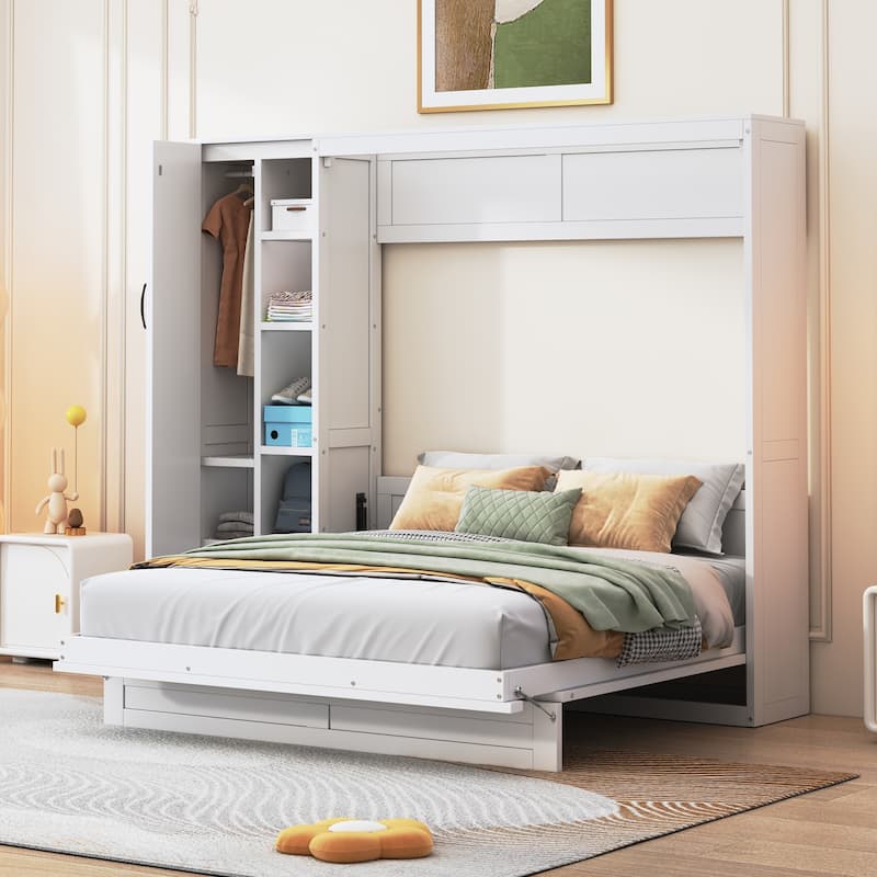Multifunctional Foldable Murphy Bed Queen Wall Cabinet Bed with Open Storage Shelves, LED Light and Small Closet for Guest Room