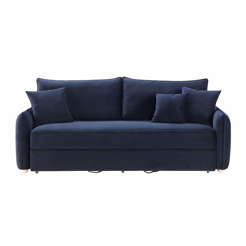 Velvet Upholstered Sofa with Pull-Out Sleeper Design in Blue - Blue