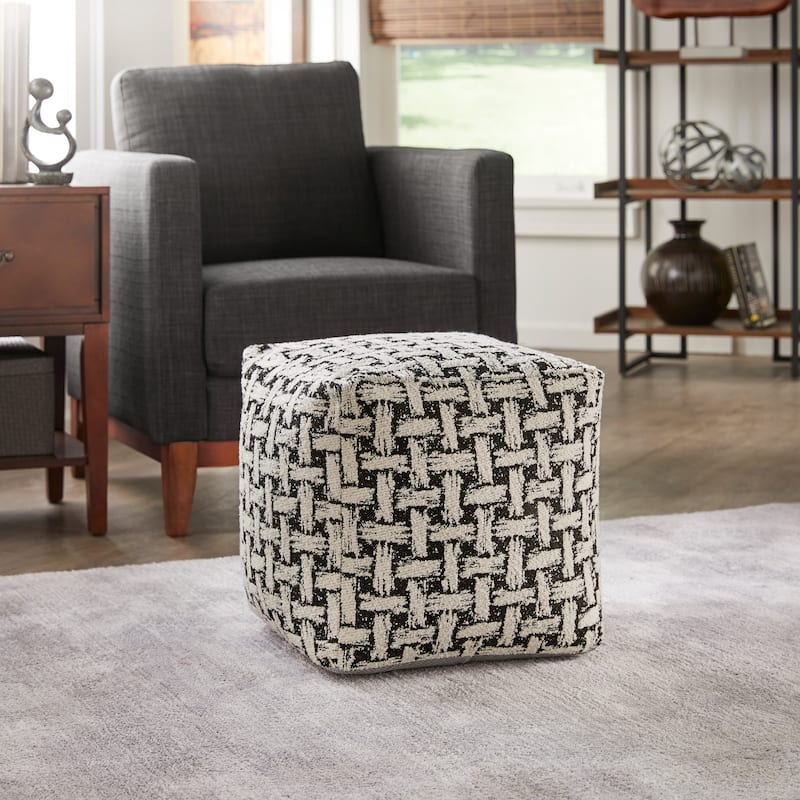 Brunico Upholstered Square Pouf Ottoman by iNSPIRE Q Bold - Black & White Weaved Pattern Fabric