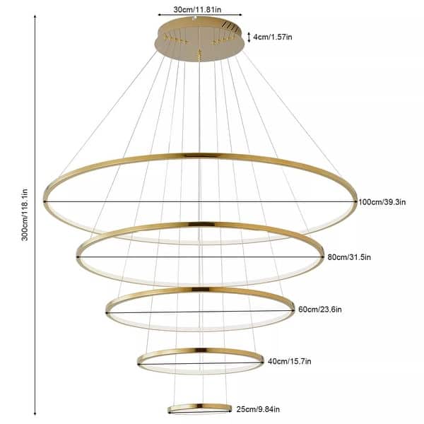 5-Rings LED Chandelier Ceiling Lamp Remote Lighting Pendant - 39" x 118"
