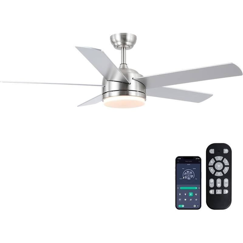 46 Inches Downrod Ceiling Fan with Light and Remote,Quiet DC Motor,Reversible Blades - 46 Inches - Nickle