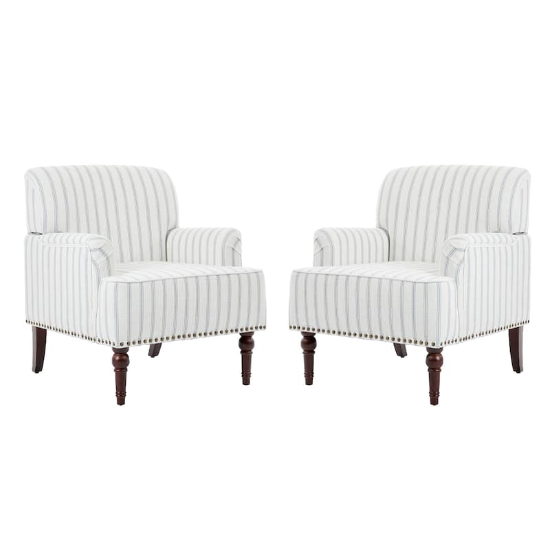 Set 2 Striped Upholstered Linen Armchair with Brass Nailhead Trim