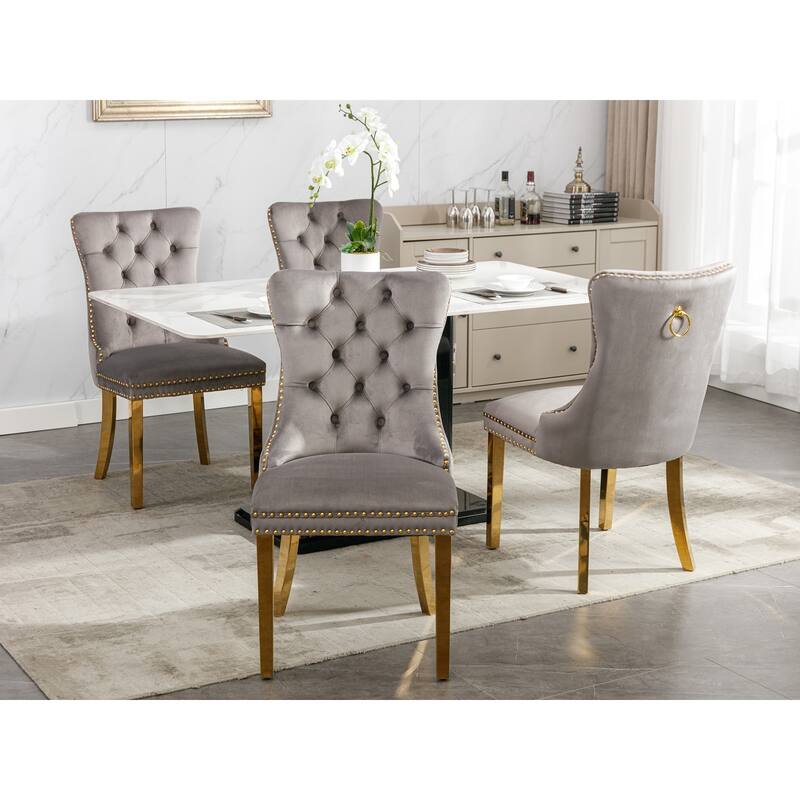 Set of 2 Velvet Dining Chairs with Nailhead Trim and Gold-Plated Legs