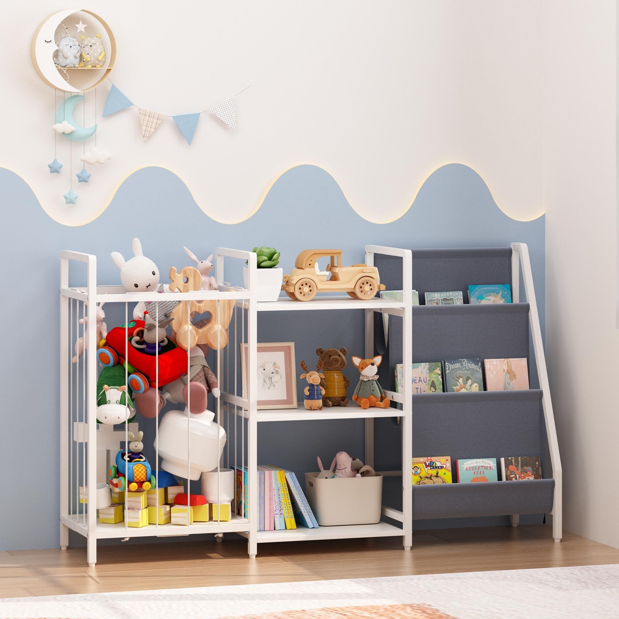 Kids Bookshelf and Toy Storage, 3-in-1 Book Shelf for Kids Rooms, Sling Baby Bookcase with Stuffed Animal Storage