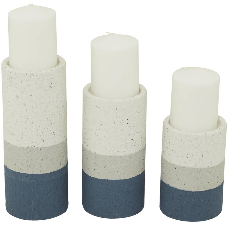 White or Blue Metal Striped Pillar Decorative Candle Holder (Set of 3)